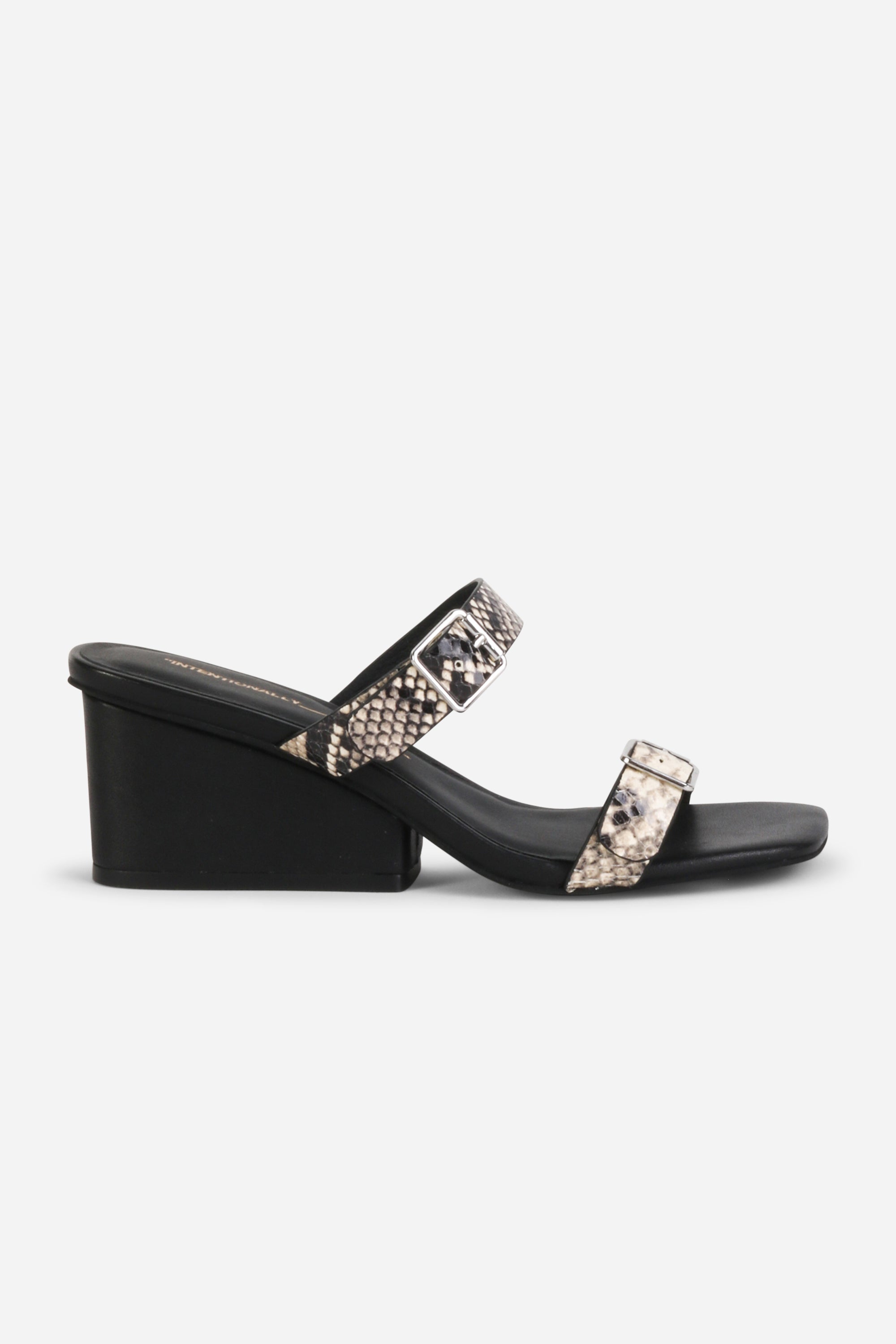 INTENTIONALLY __________. Surrender Snake Embossed Wedge Heel Sandal - Black/White
