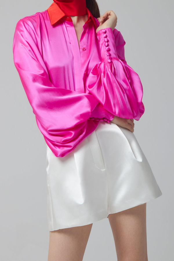 ALEX PERRY Sutton Silk Satin Balloon Sleeve Dress - Pink w Scarlet