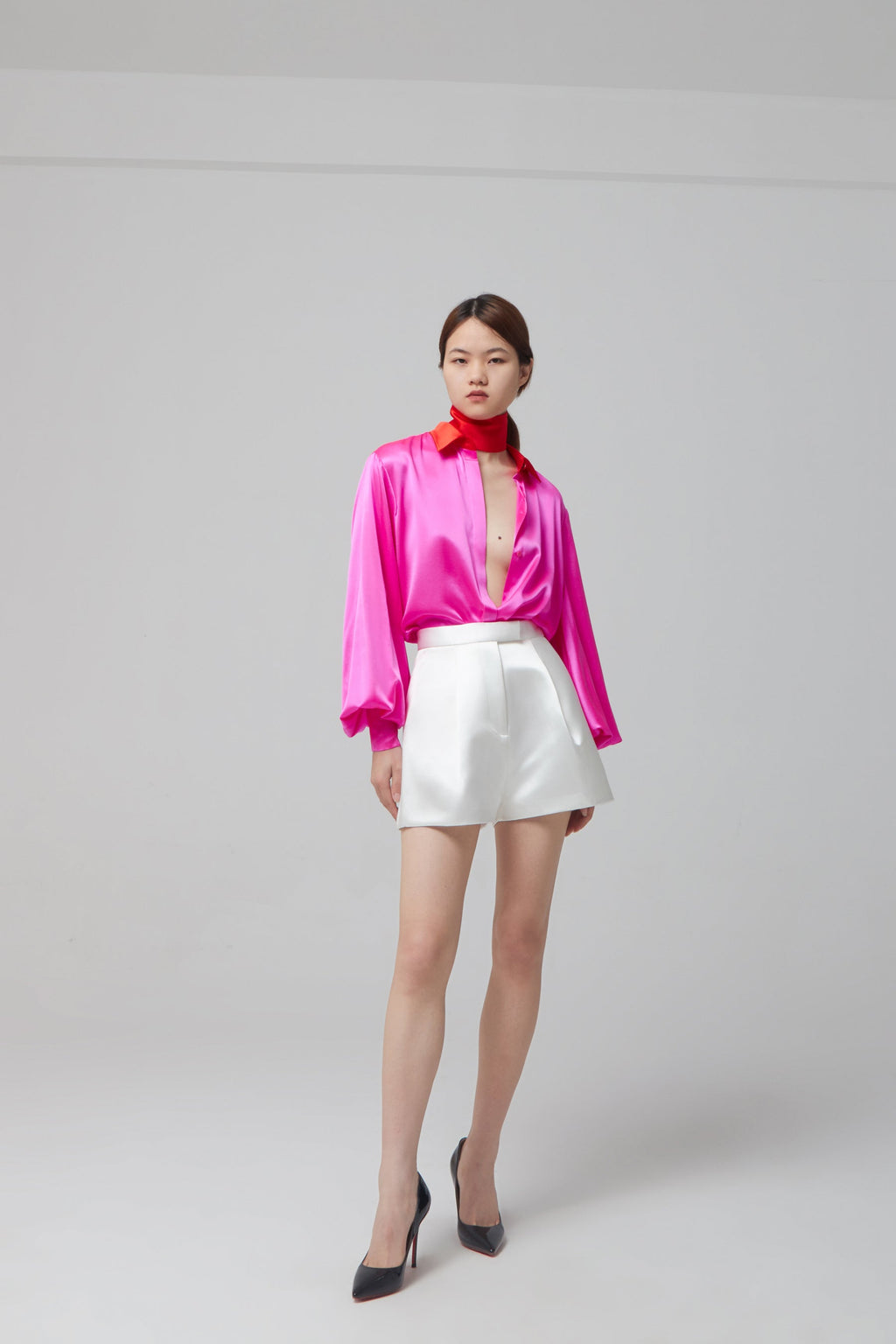 ALEX PERRY Sutton Silk Satin Balloon Sleeve Dress - Pink w Scarlet