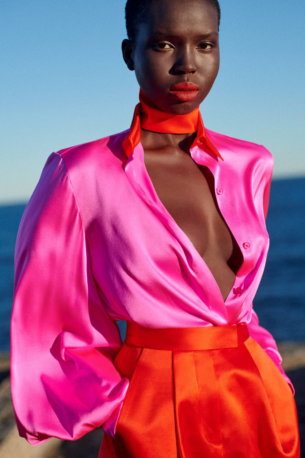 ALEX PERRY Sutton Silk Satin Balloon Sleeve Dress - Pink w Scarlet