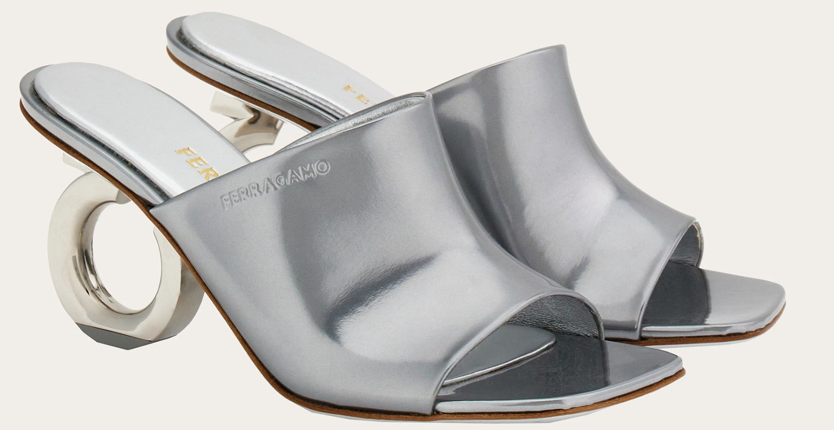 Salvatore Ferragamo Womens Astro Elina 70MM Leather Slide Mules - Silver