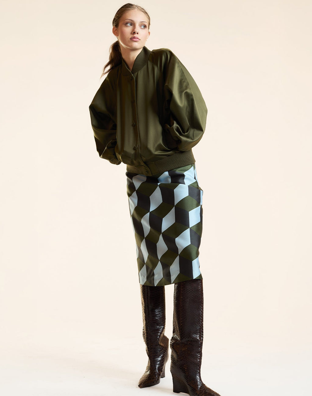 Cynthia Rowley Satin Bomber Jacket - Army Green