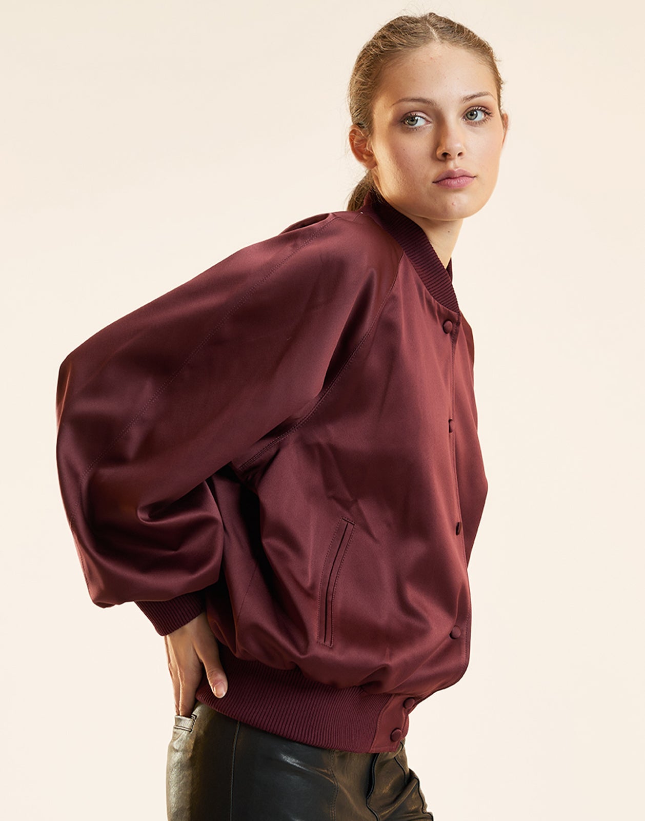 Cynthia Rowley Satin Bomber Jacket - Burgundy