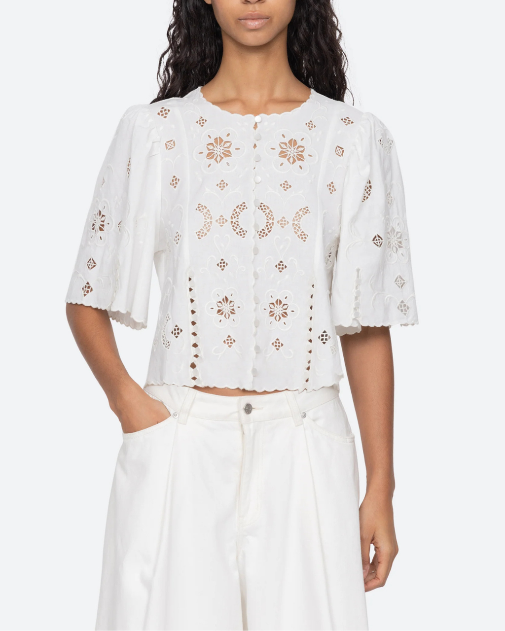 Sea NY Gardener Embroidered Short Sleeve Top - White