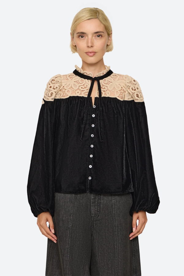 Sea NY Shiloh Long Sleeve Embroidered Velvet Top