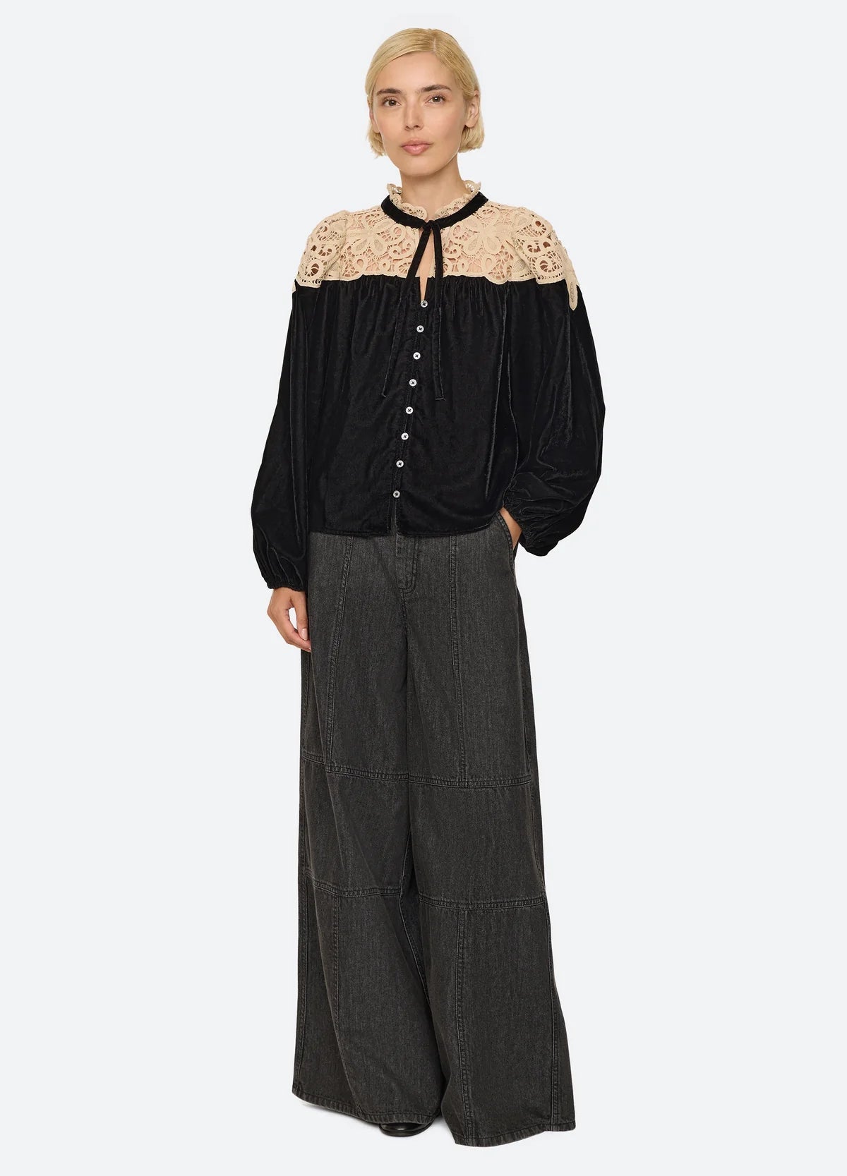 Sea NY Shiloh Long Sleeve Embroidered Velvet Top