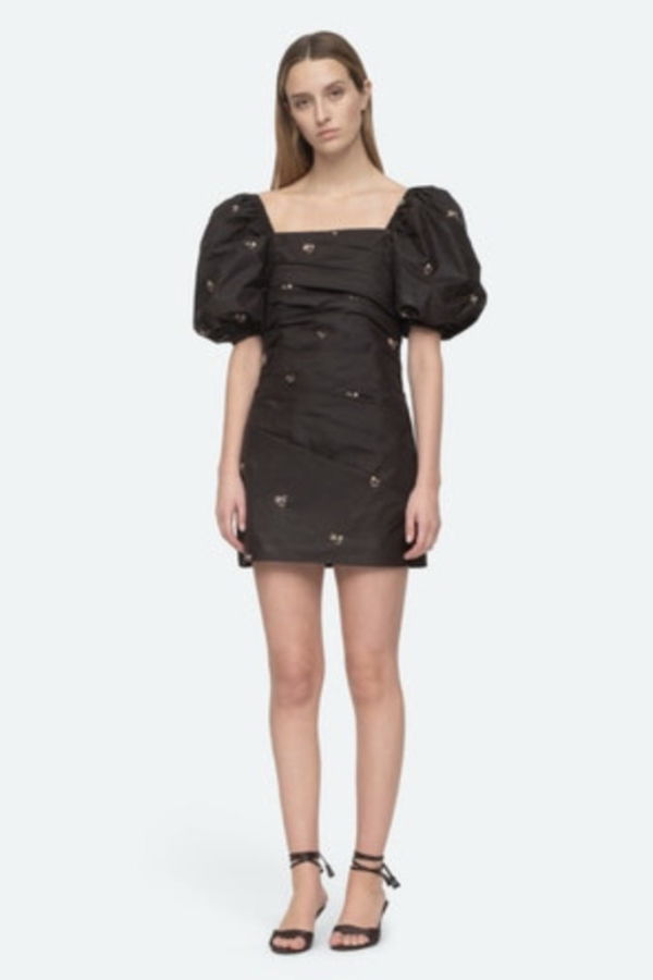 Sea NY Rubina Embroidery S/Slv Polyester Puff Sleeves Draped Dress - Black