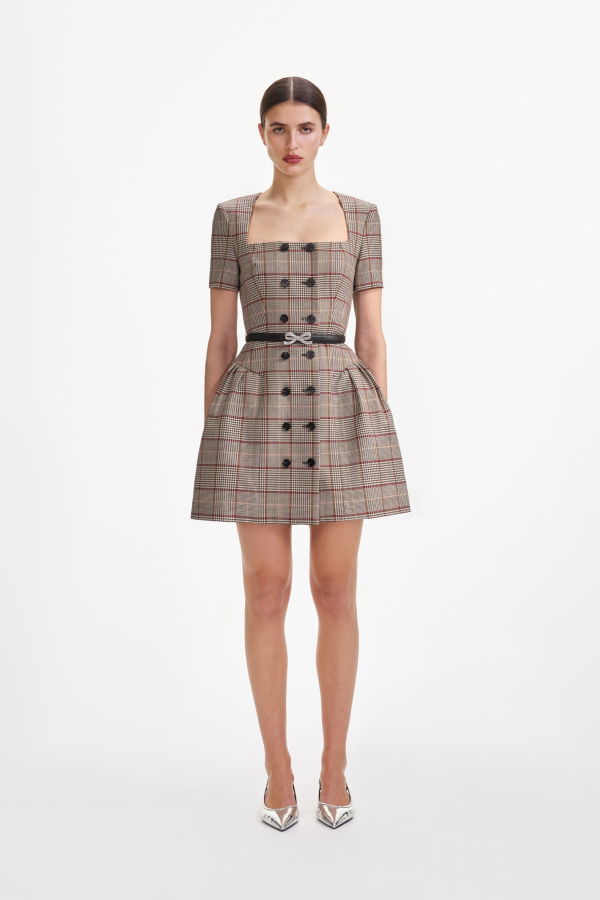 Self-Portrait Brown Check Short Sleeve Mini Dress - Brown Checked