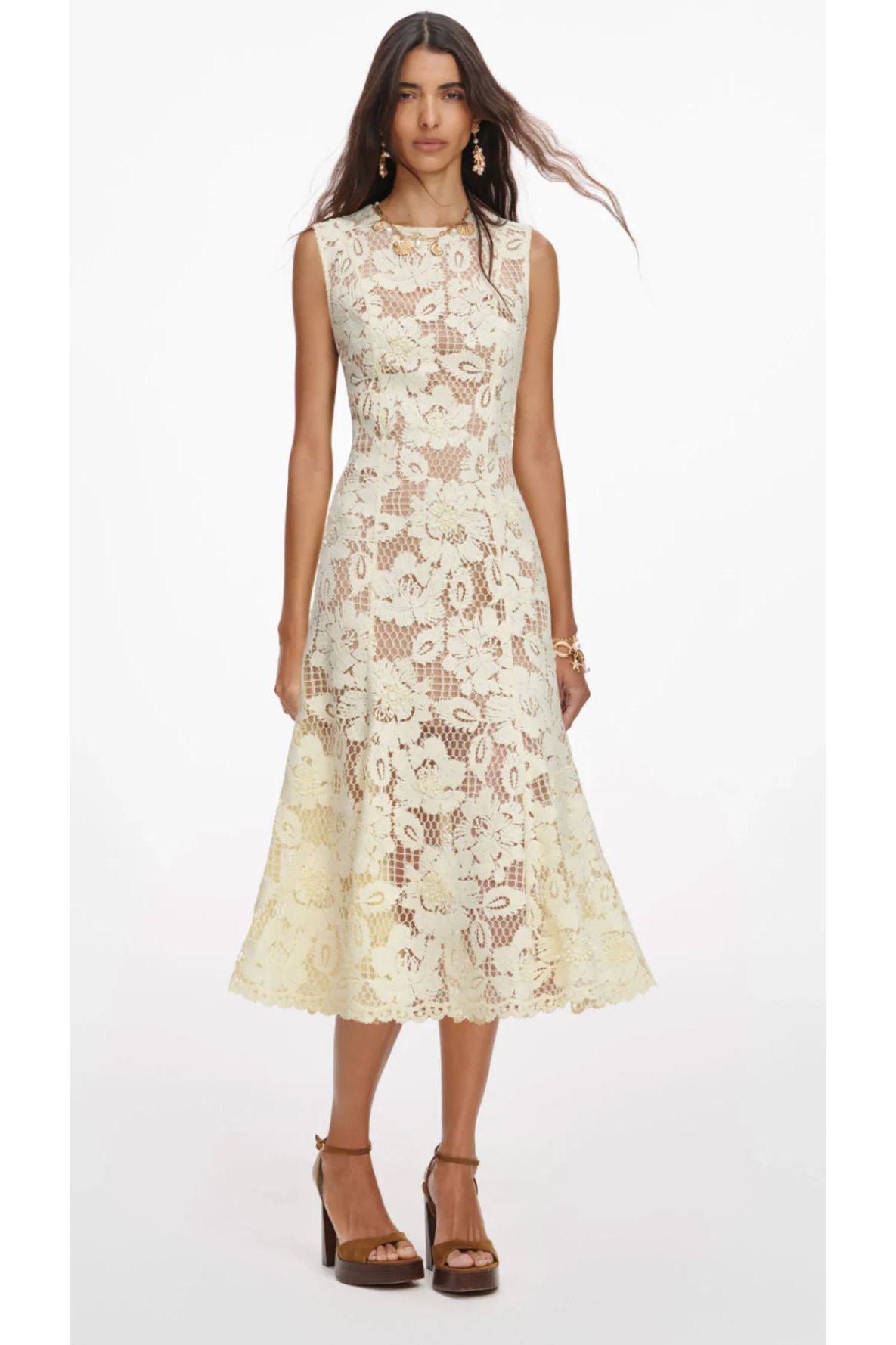 Self-Portrait Crochet Lace Midi Dress - Yellow