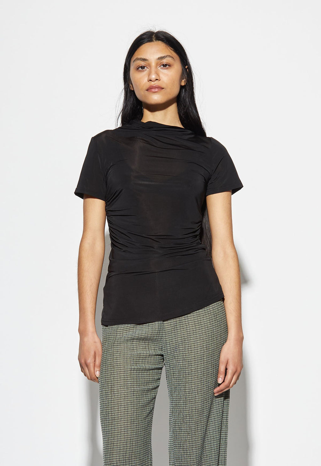 Woodrose Deli Semi Sheer Ruched Top - Black