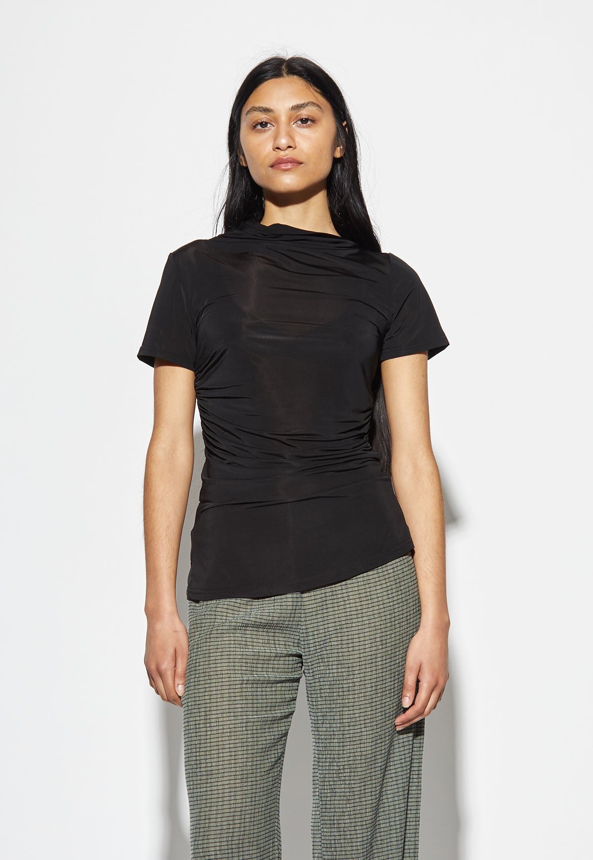Woodrose Deli Semi Sheer Ruched Top - Black