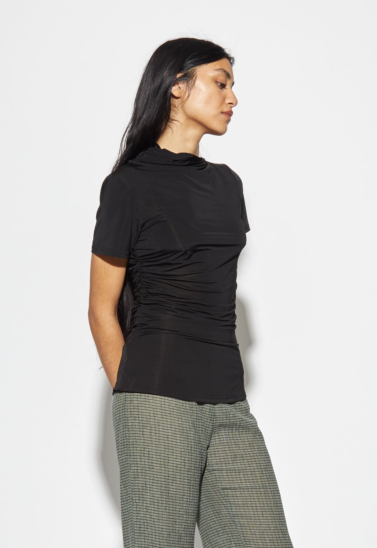 Woodrose Deli Semi Sheer Ruched Top - Black