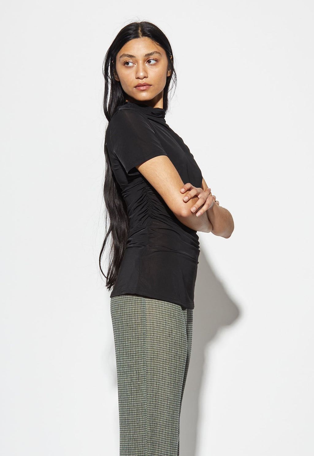 Woodrose Deli Semi Sheer Ruched Top - Black