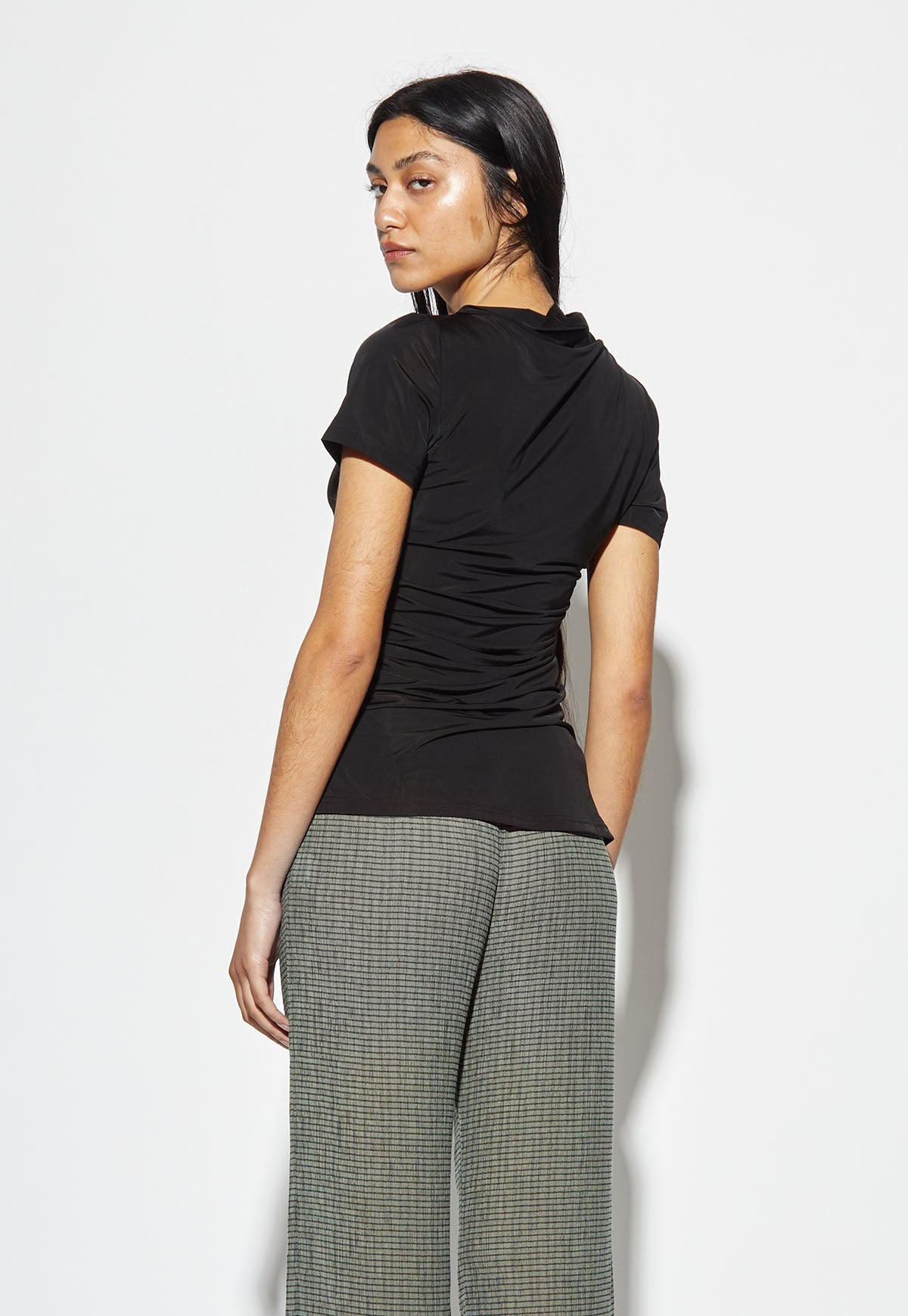 Woodrose Deli Semi Sheer Ruched Top - Black