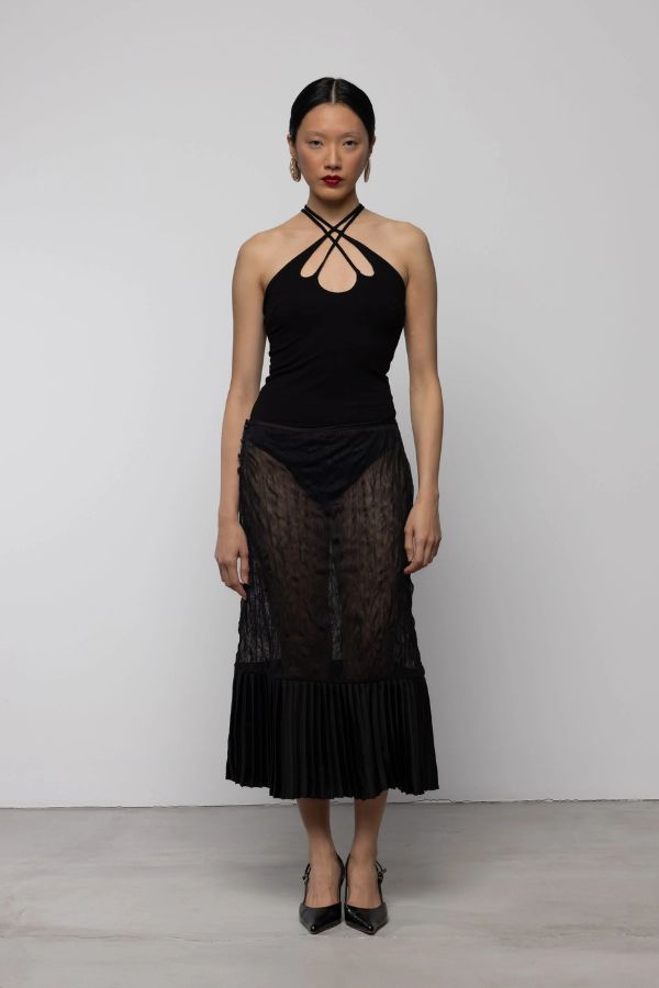 Esthé Sheer Crinkle Column Midi Skirt With Pleats Skirt