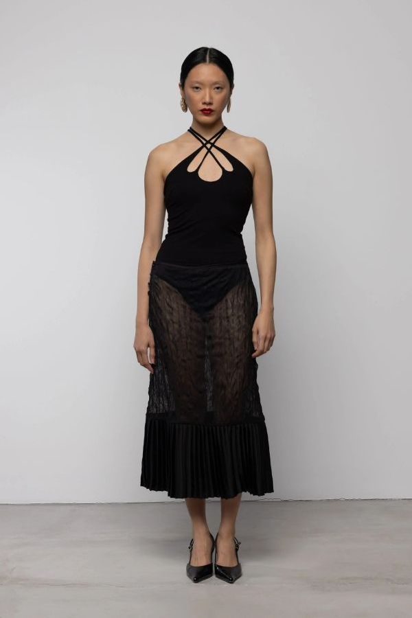 Esthé Sheer Crinkle Column Midi Skirt With Pleats Skirt