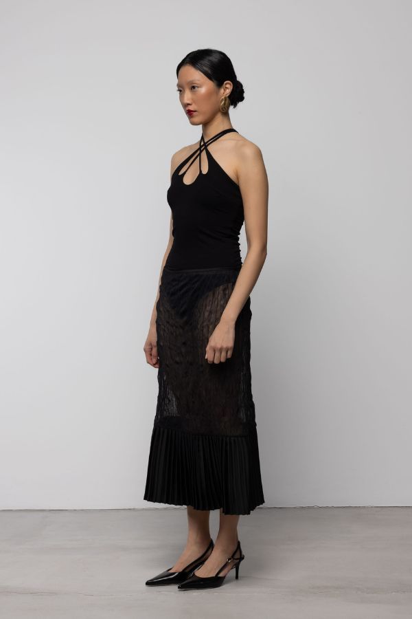 Esthé Sheer Crinkle Column Midi Skirt With Pleats Skirt