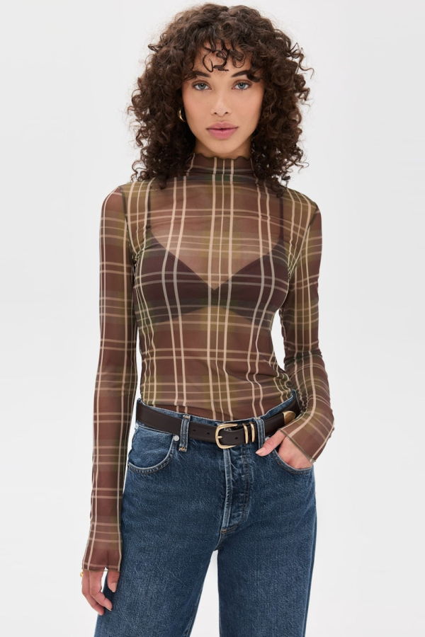 Favorite Daughter Sheer Fantasy Top - Toffee Plaid