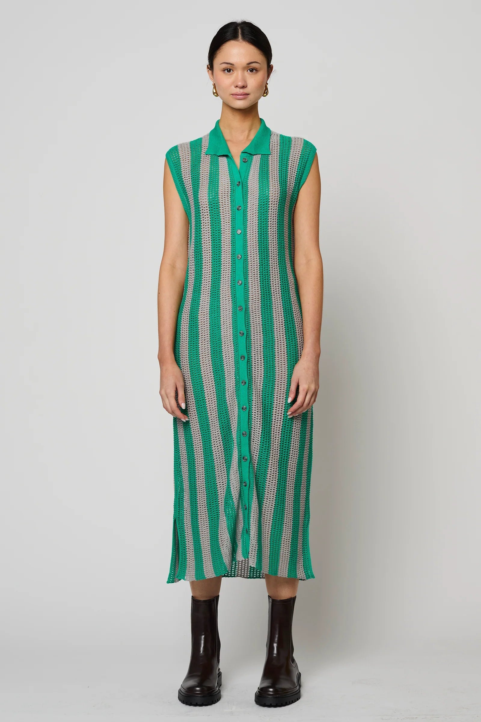 Atelier Delphine Shirt Dress Openwork Knit Dress - Green/ Silver