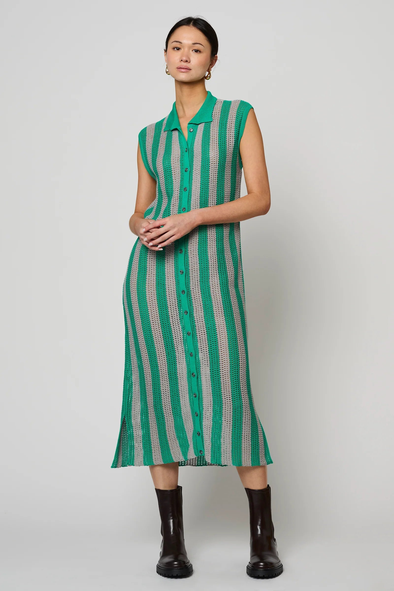 Atelier Delphine Shirt Dress Openwork Knit Dress - Green/ Silver