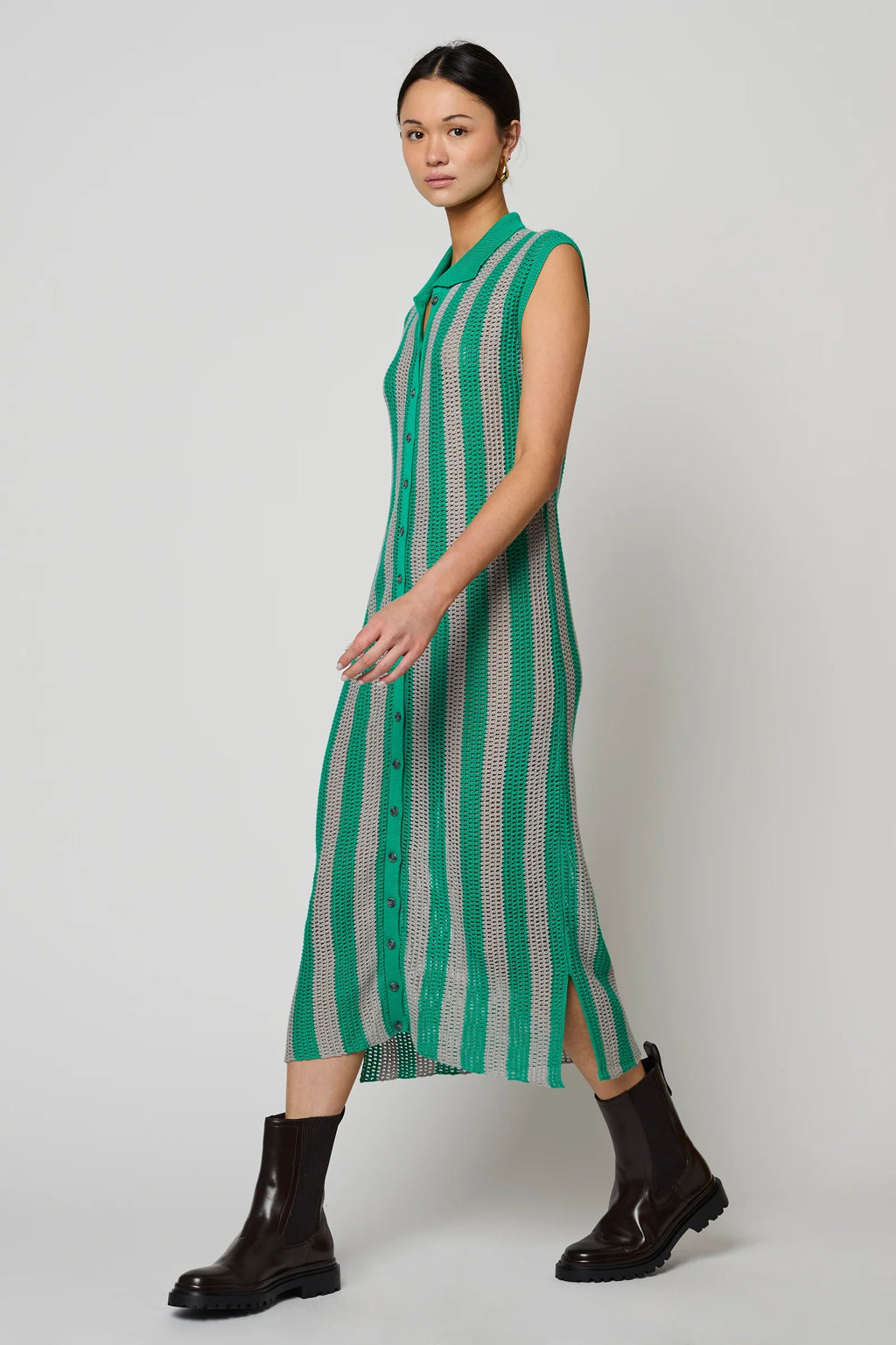 Atelier Delphine Shirt Dress Openwork Knit Dress - Green/ Silver