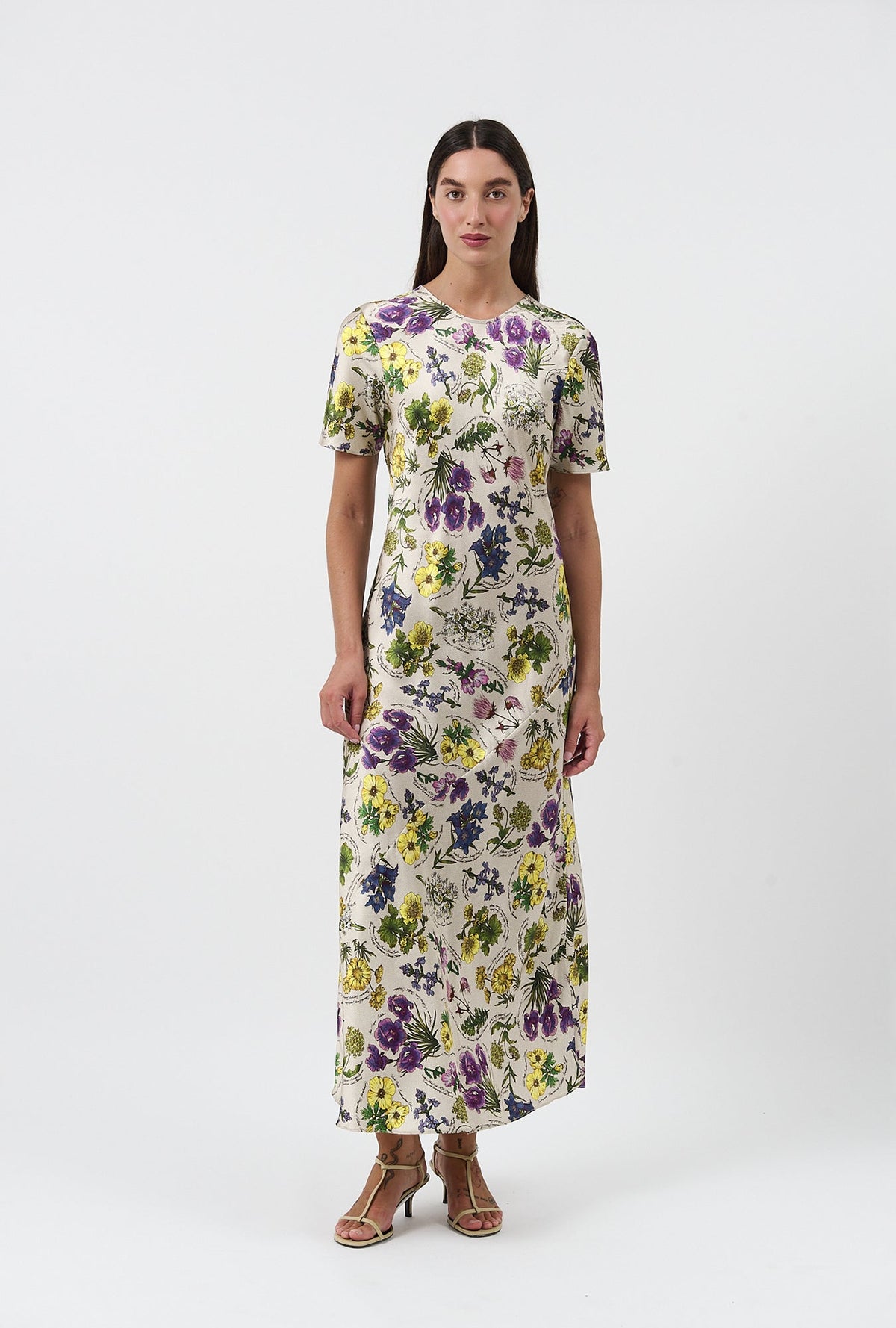 Silk Laundry Short Sleeve Bias Cut Dress - Endangered Flowers