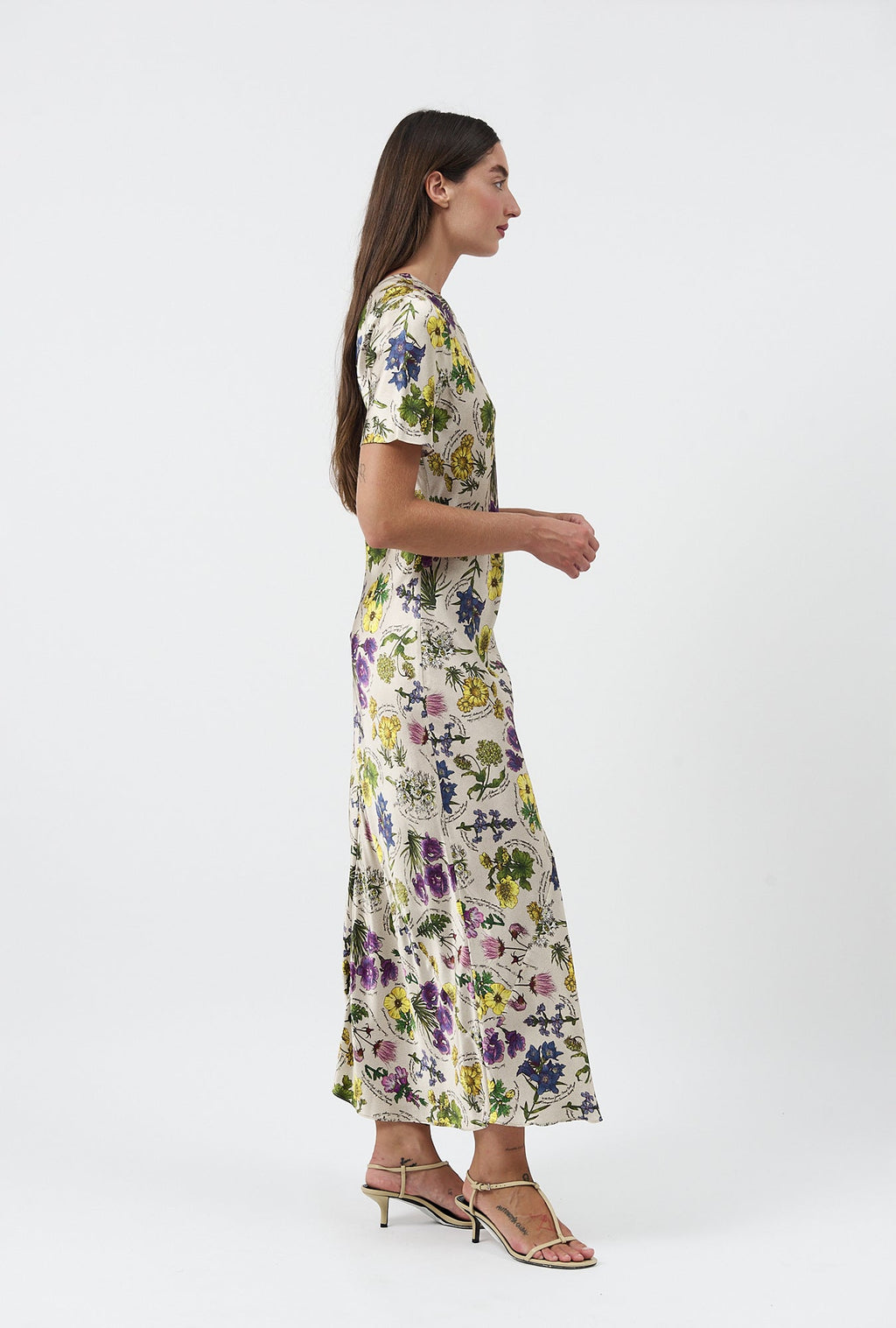 Silk Laundry Short Sleeve Bias Cut Dress - Endangered Flowers