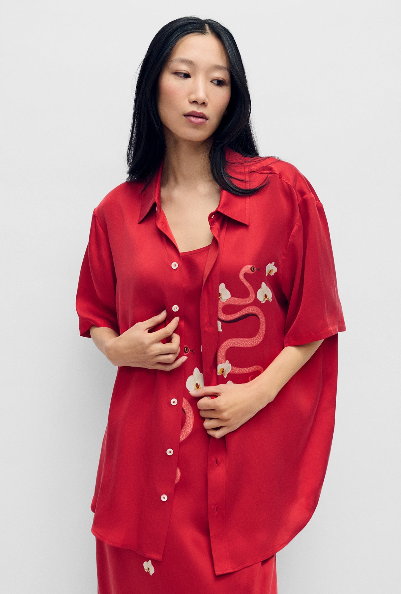 Silk Laundry Short Sleeve Boyfriend Shirt - Year Of The Snake