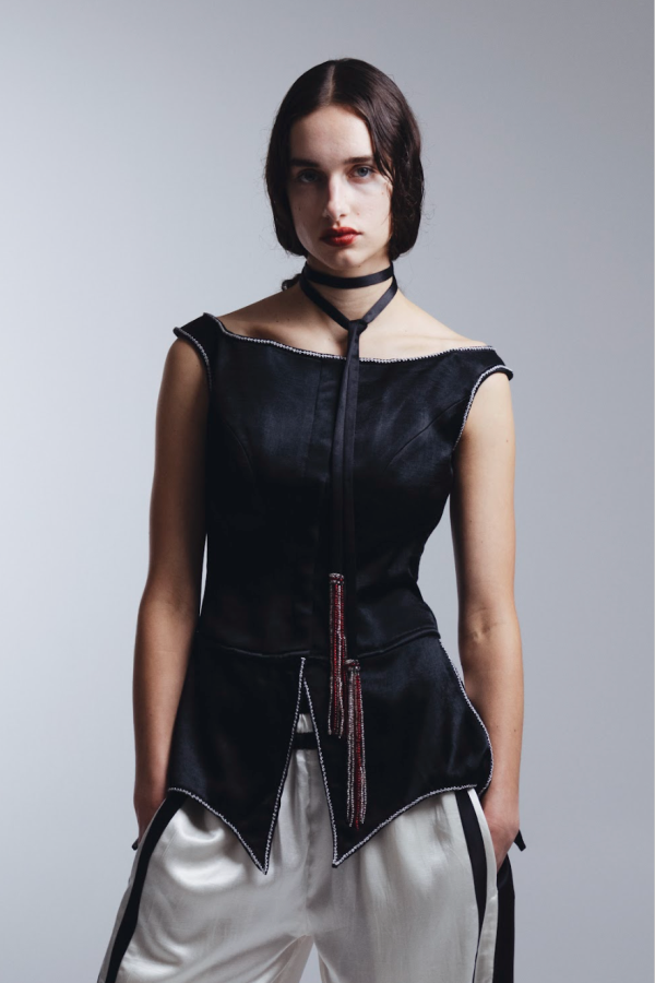 TIGRA TIGRA Silk Structured Top With Rosettes + Beaded Neck Tie