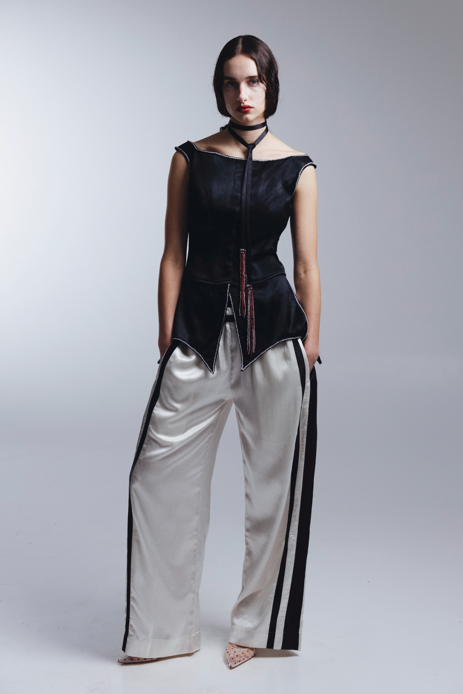 TIGRA TIGRA Silk Structured Top With Rosettes + Beaded Neck Tie