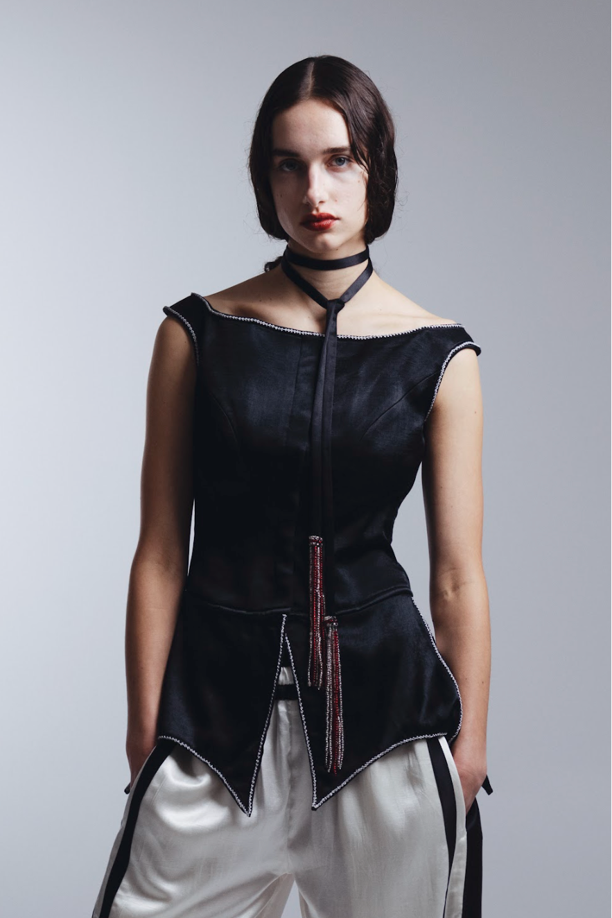 TIGRA TIGRA Silk Structured Top With Rosettes + Beaded Neck Tie