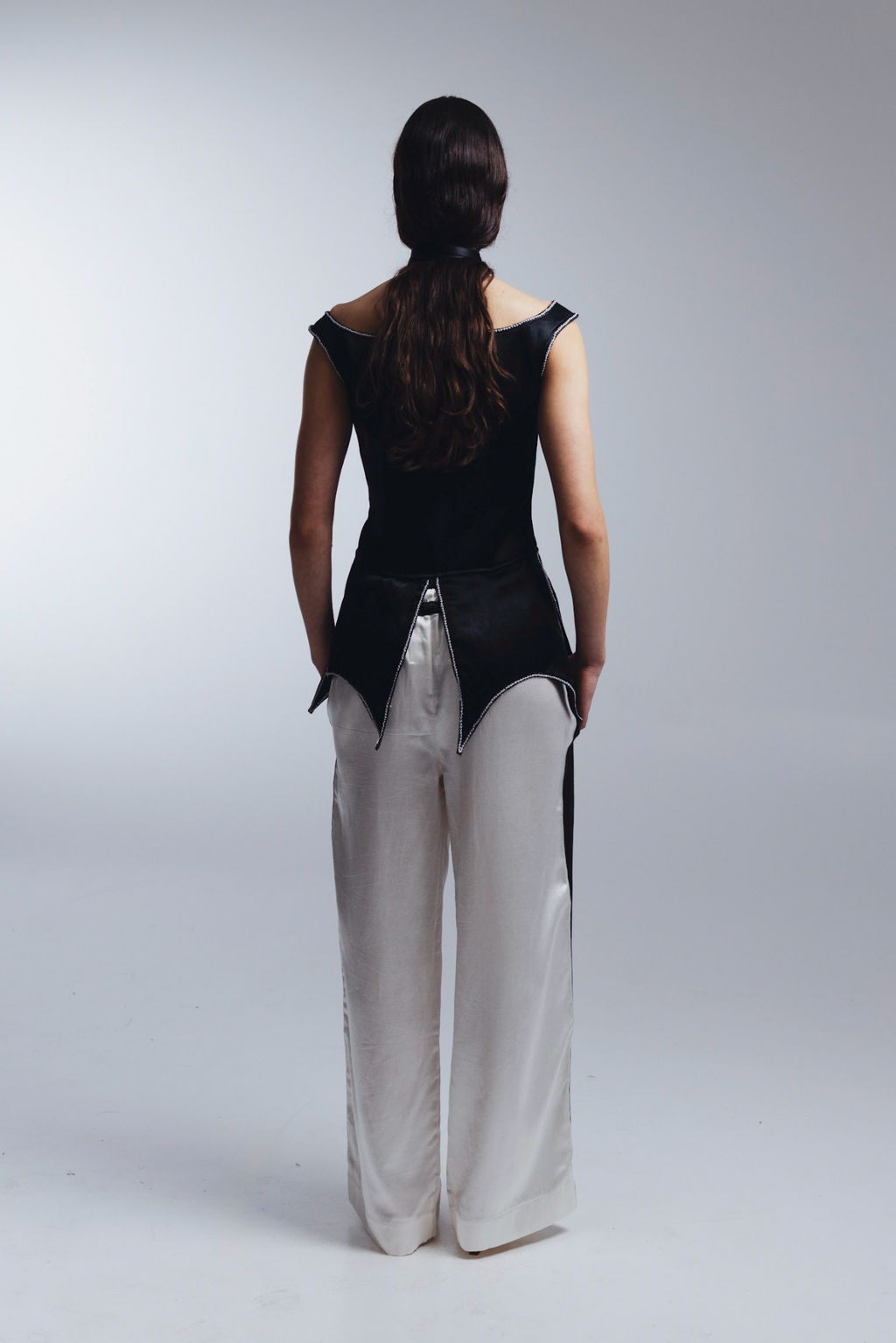 TIGRA TIGRA Silk Structured Top With Rosettes + Beaded Neck Tie