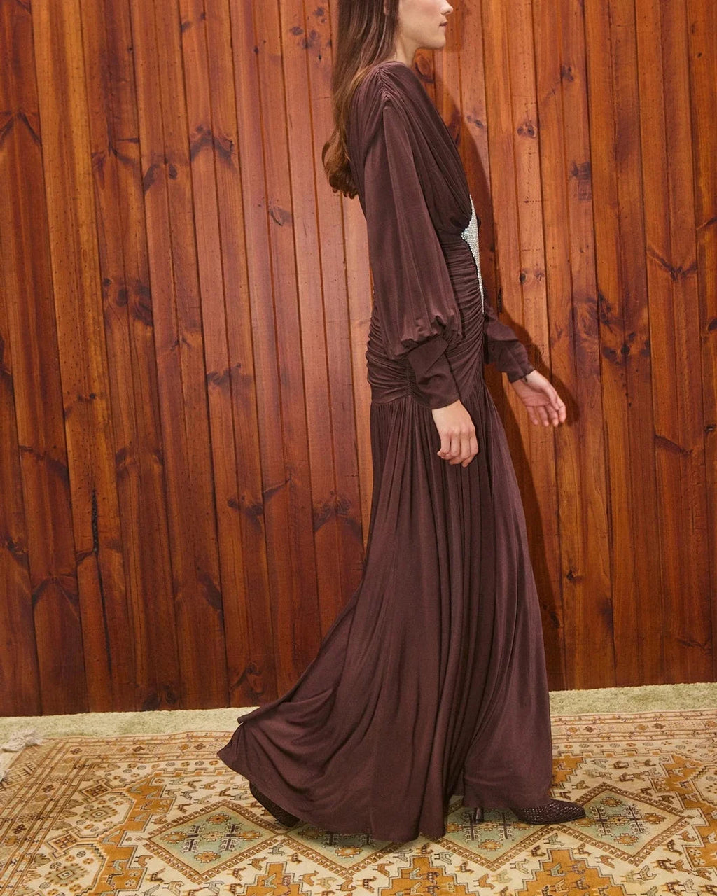 ALEMAIS Silvio Ruched Midi Dress - Brown