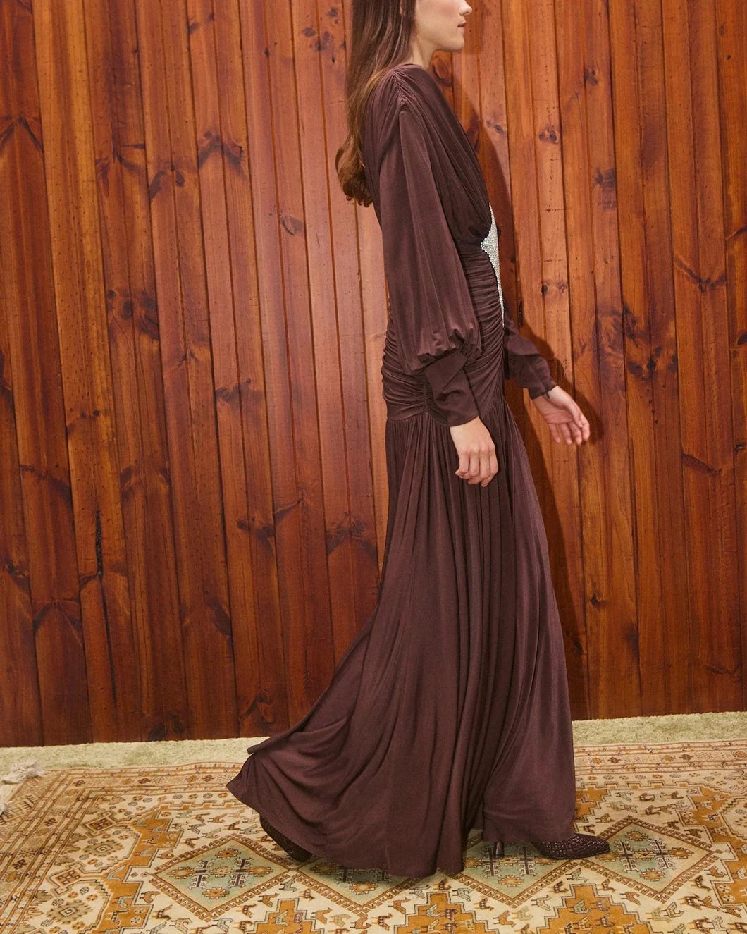 ALEMAIS Silvio Ruched Midi Dress - Brown