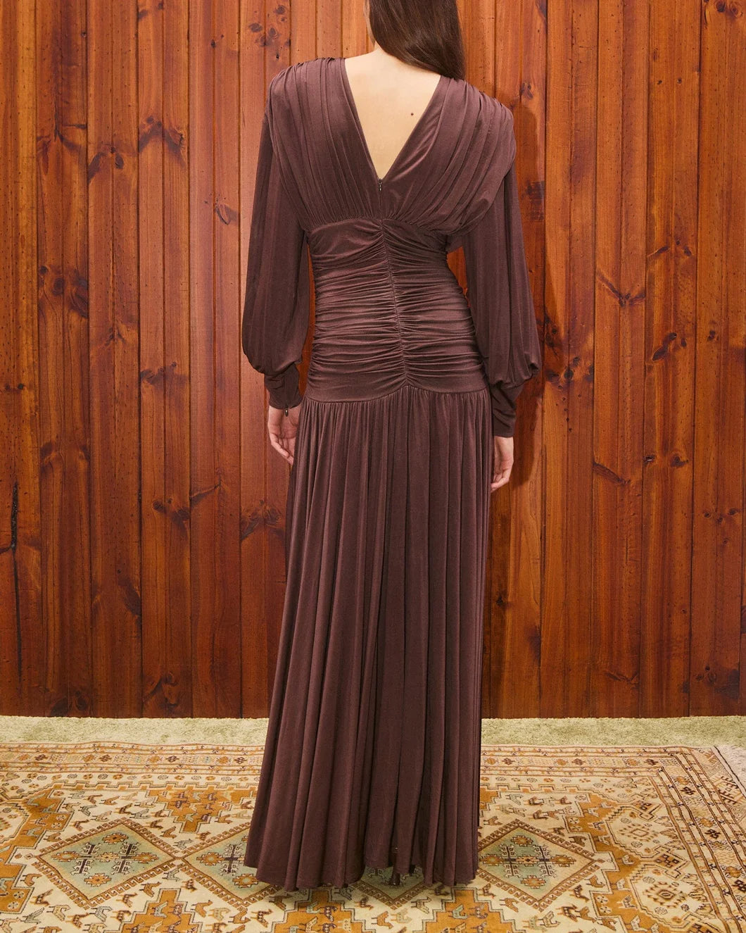 ALEMAIS Silvio Ruched Midi Dress - Brown