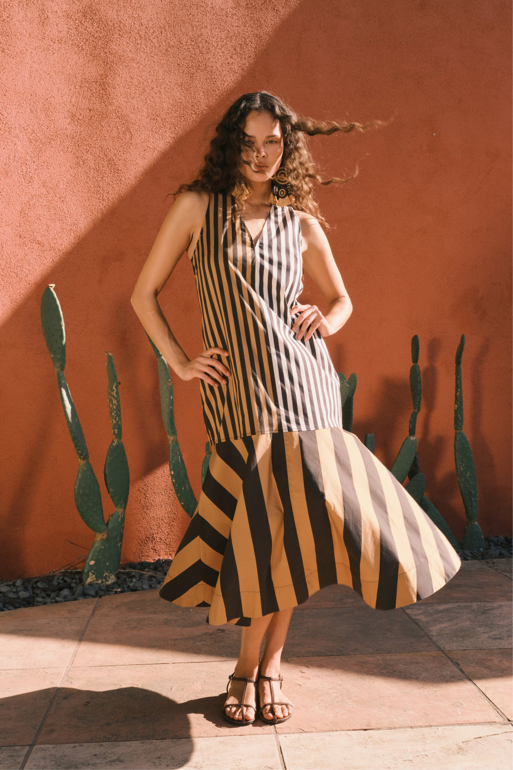 Simon Miller Celeste Poplin Dress - Black/Tan Stripe Combo