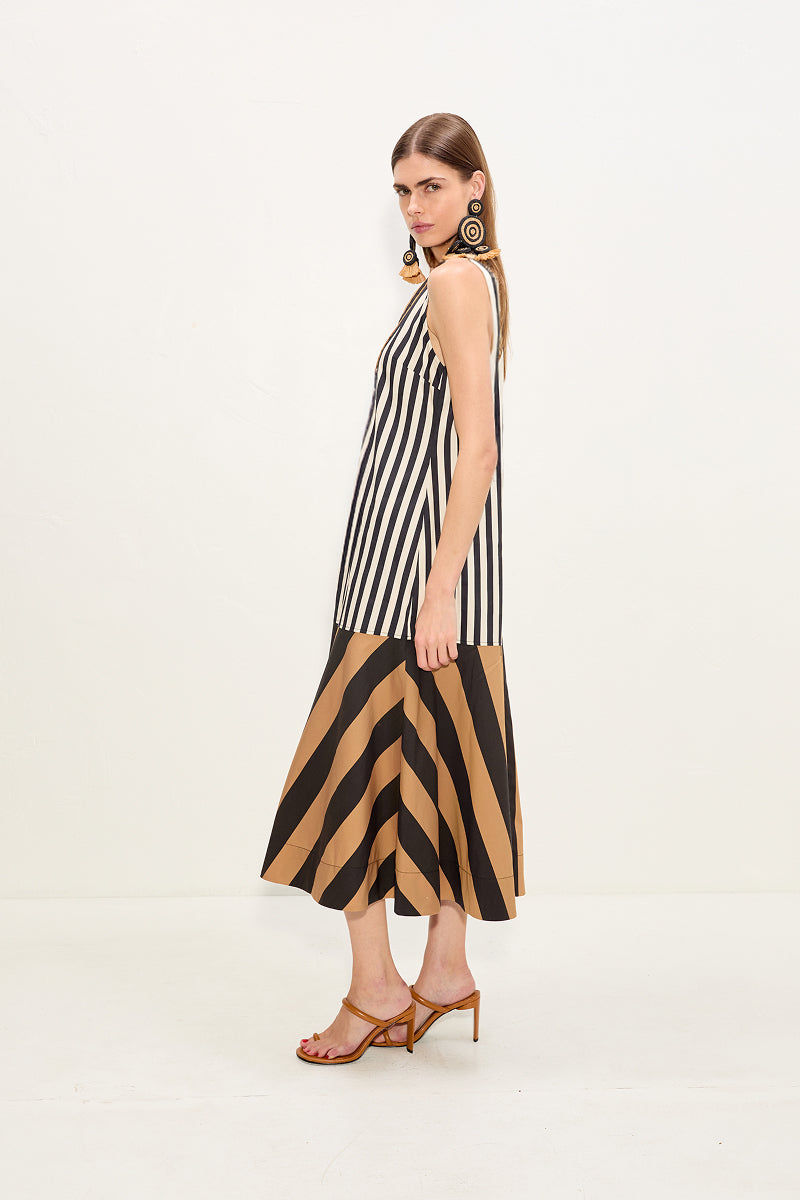 Simon Miller Celeste Poplin Dress - Black/Tan Stripe Combo