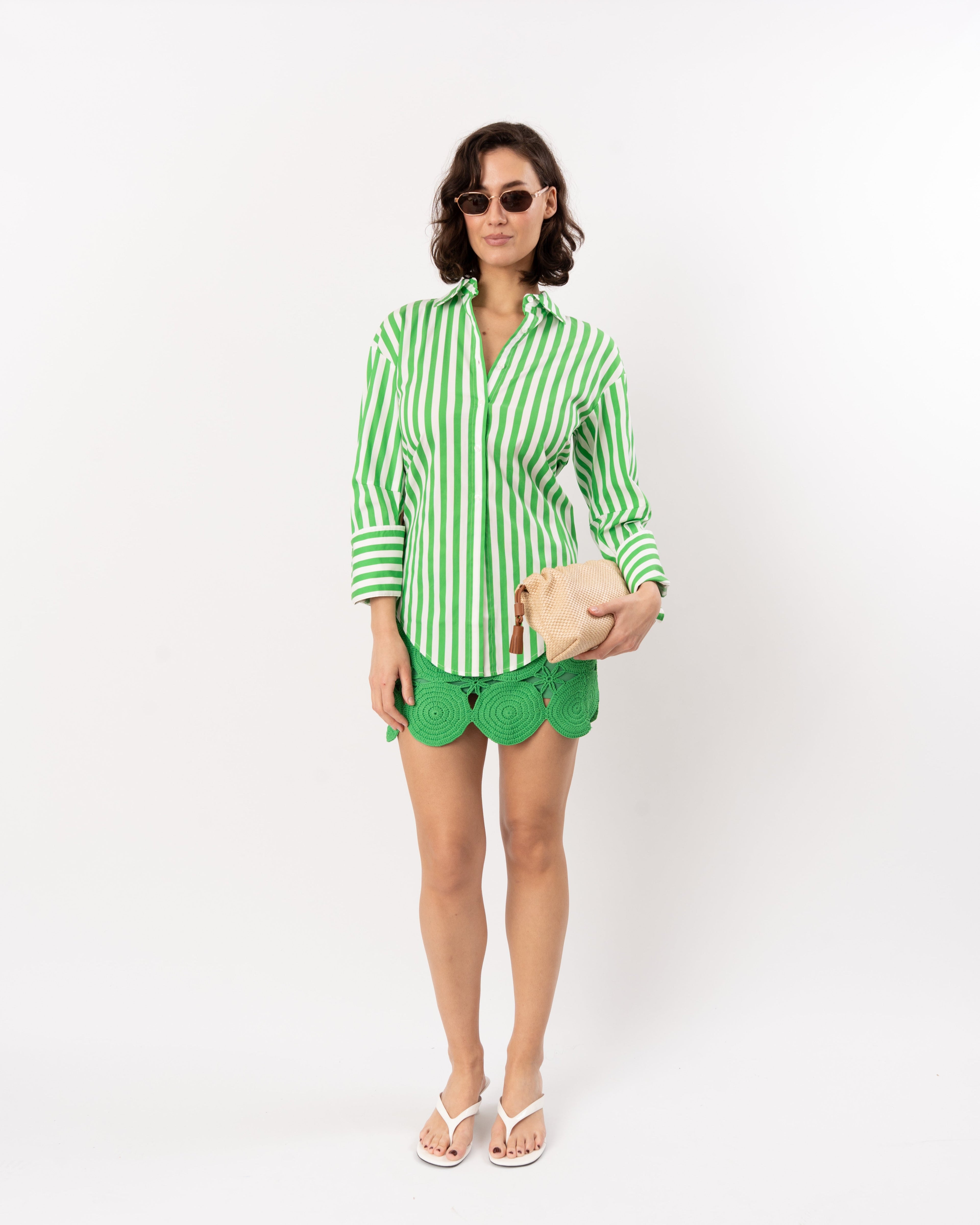Simon Miller Loch Poplin Button-Up Shirt - Grass Green/Macadamia