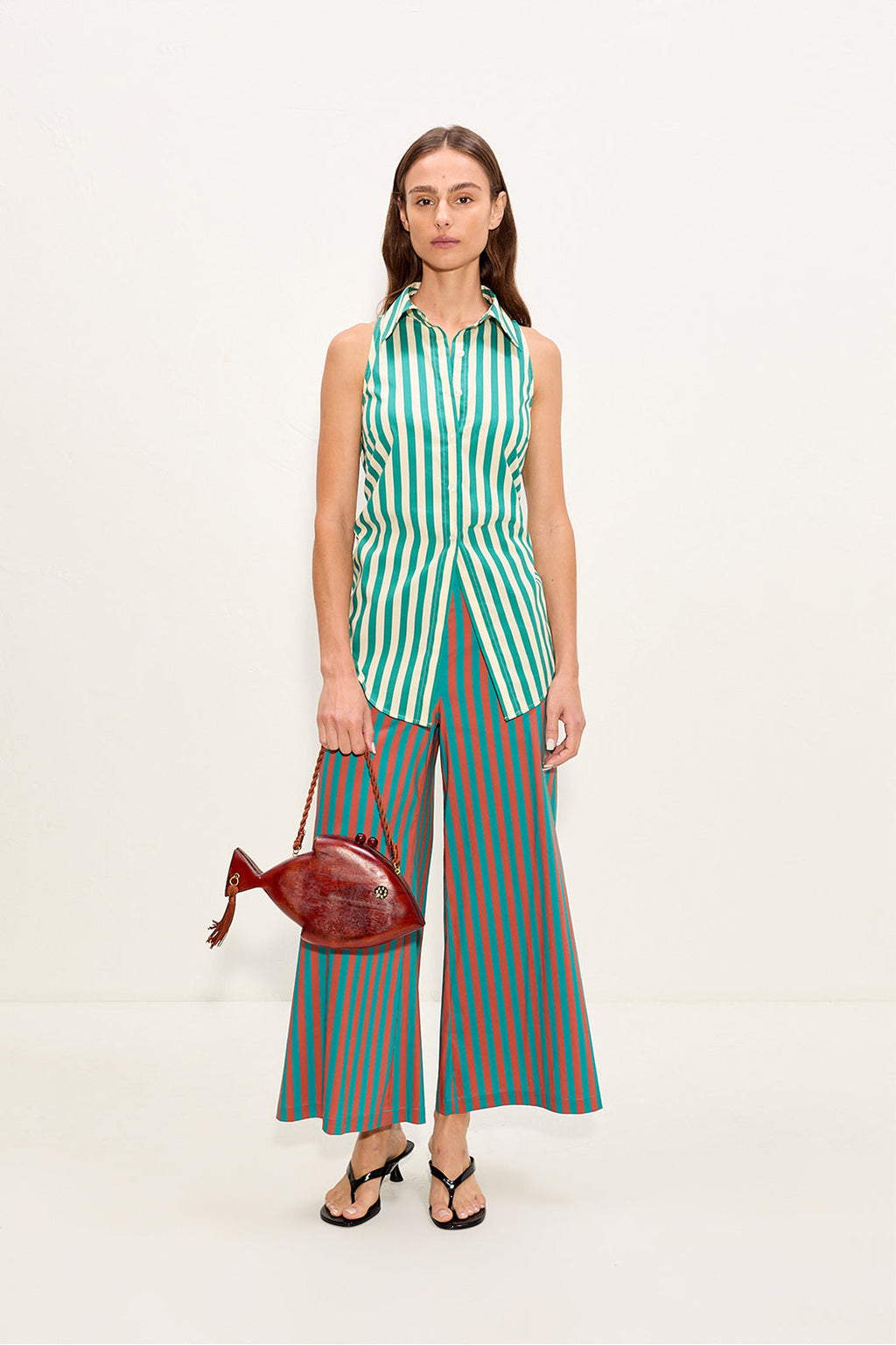 Simon Miller Loch Sleeveless Poplin Button Up Top - Teal/Cream Stripe