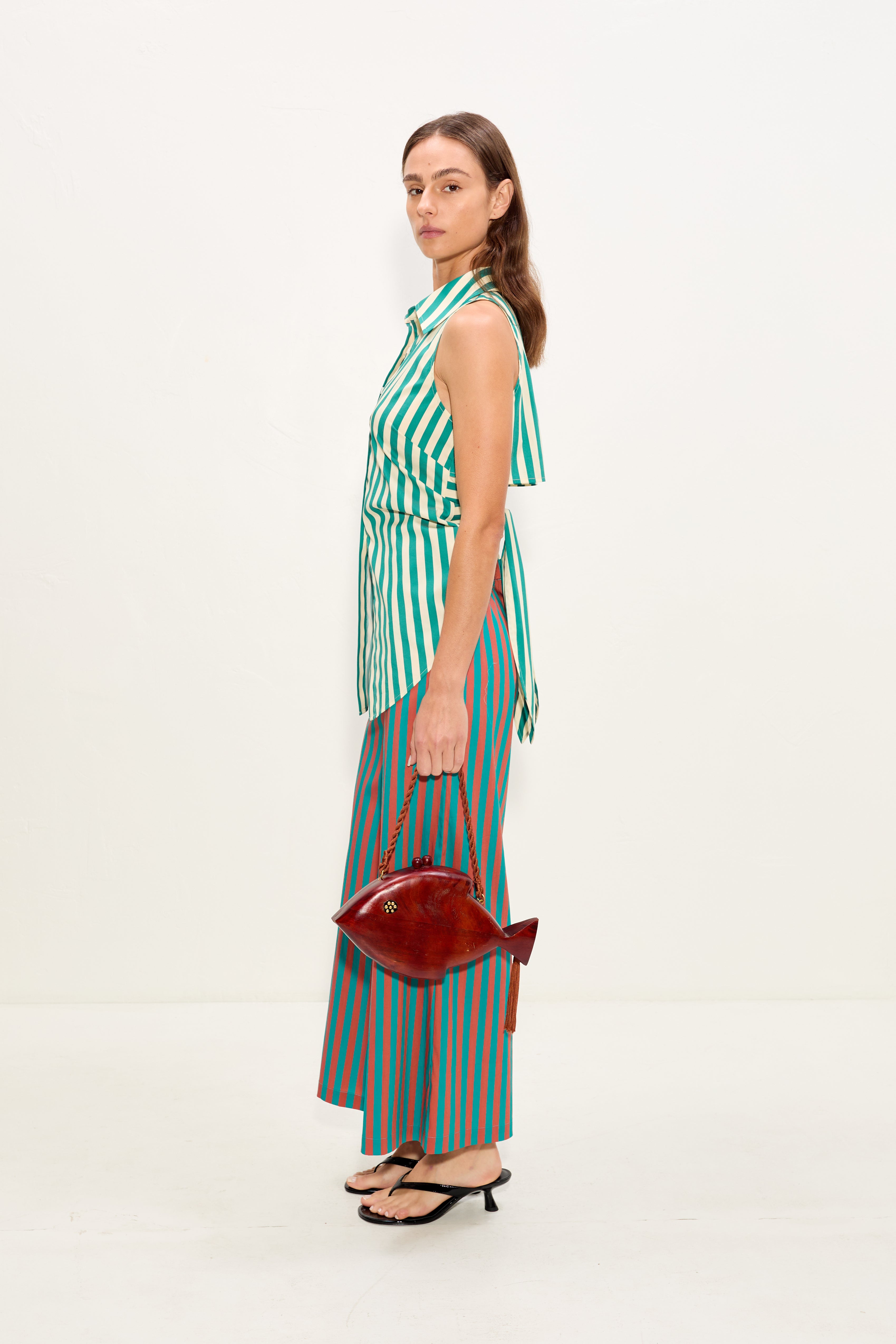 Simon Miller Loch Sleeveless Poplin Button Up Top - Teal/Cream Stripe
