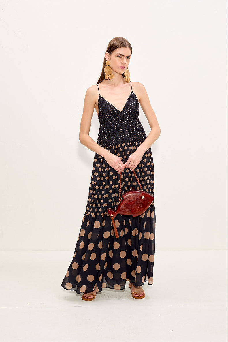 Simon Miller Romi Chiffon Maxi Dress - Black/Tan Polka Dot