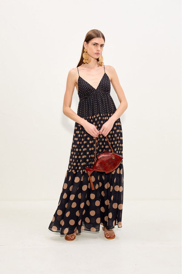 Simon Miller Romi Chiffon Maxi Dress - Black/Tan Polka Dot