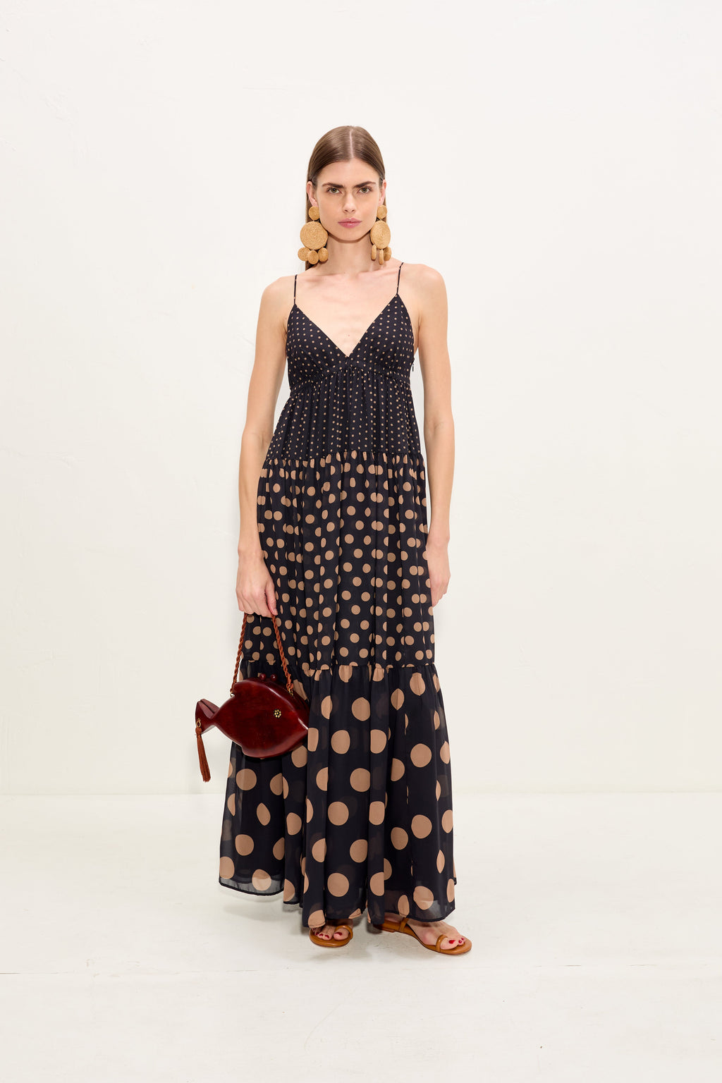 Simon Miller Romi Chiffon Maxi Dress - Black/Tan Polka Dot