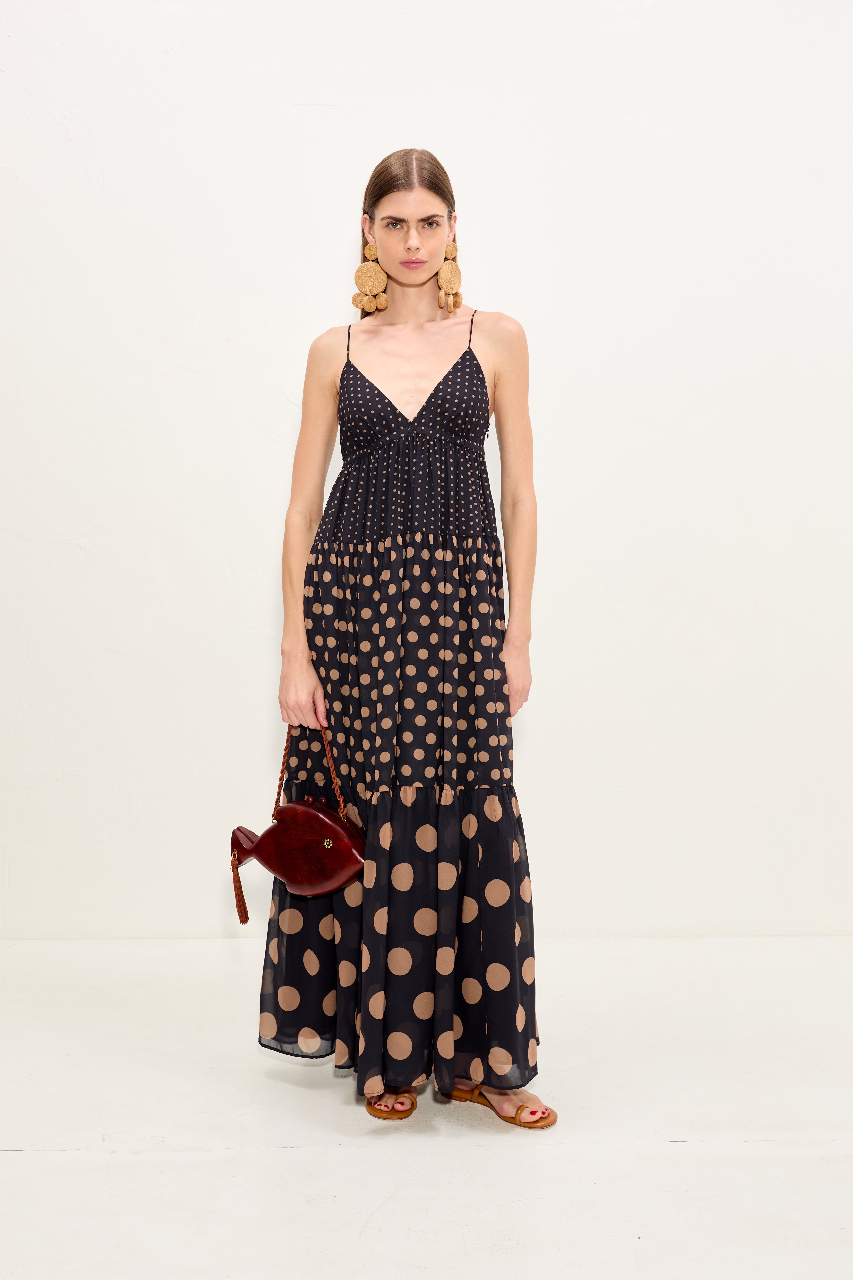 Simon Miller Romi Chiffon Maxi Dress - Black/Tan Polka Dot