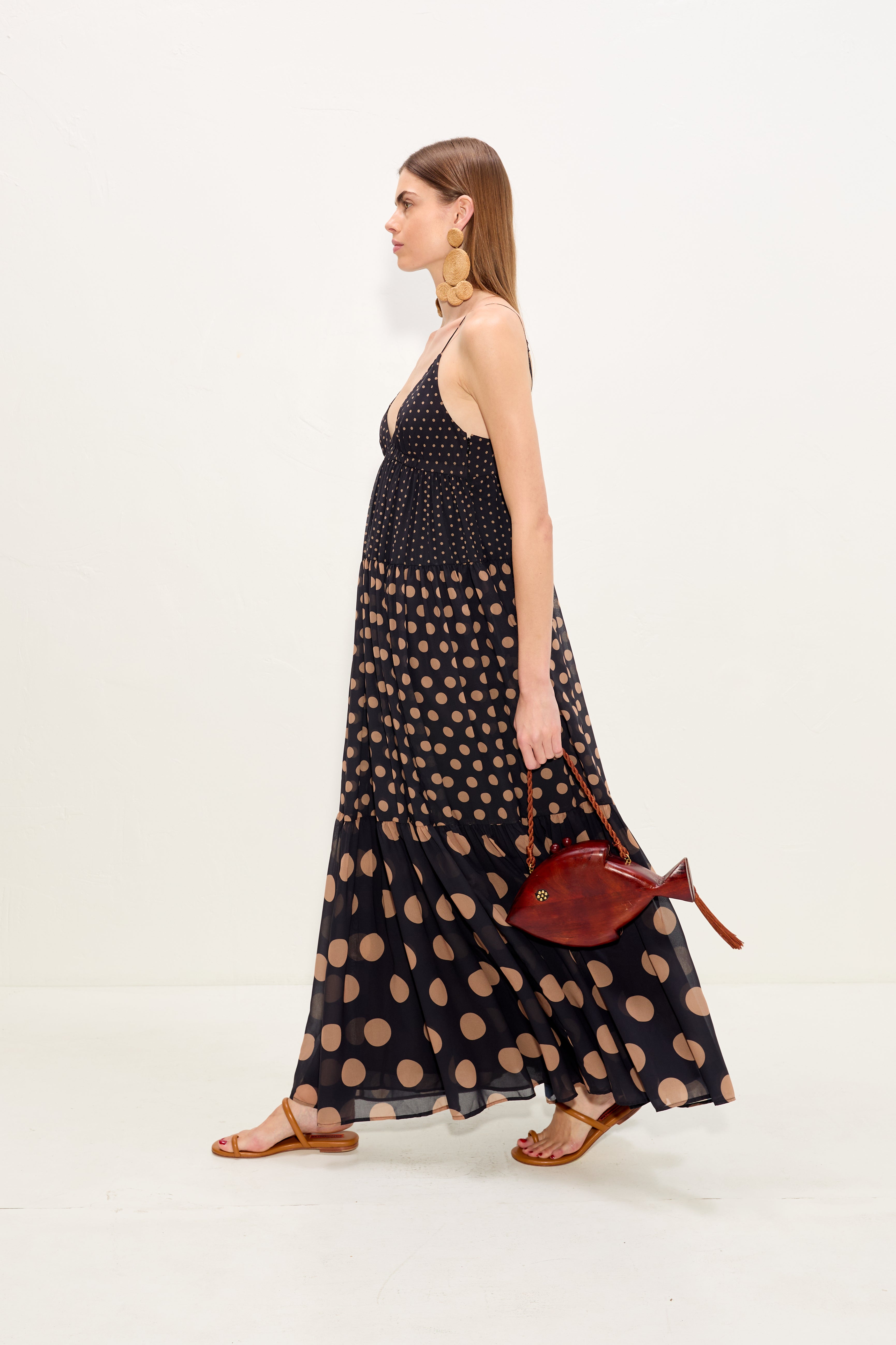 Simon Miller Romi Chiffon Maxi Dress - Black/Tan Polka Dot
