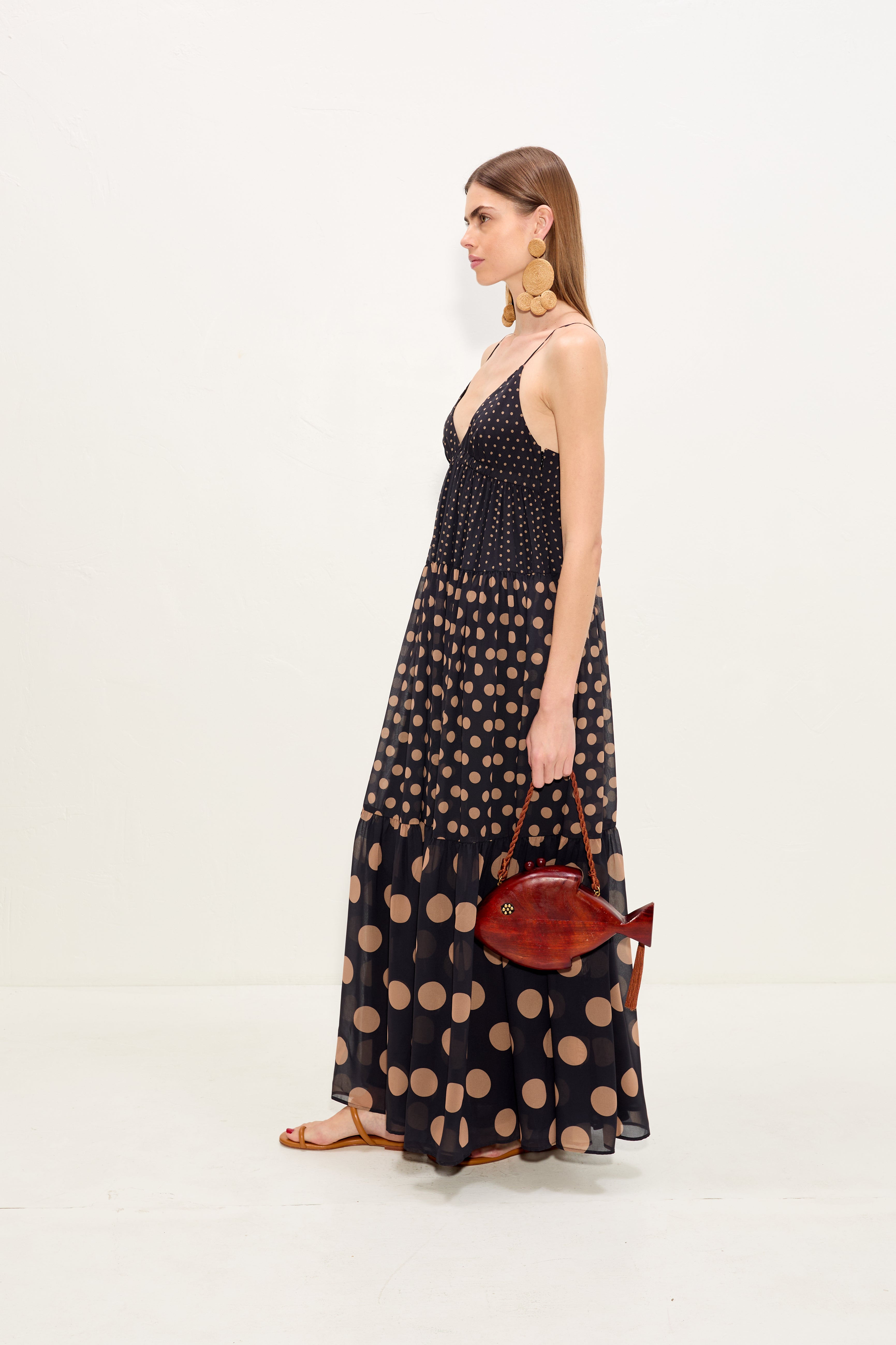 Simon Miller Romi Chiffon Maxi Dress - Black/Tan Polka Dot
