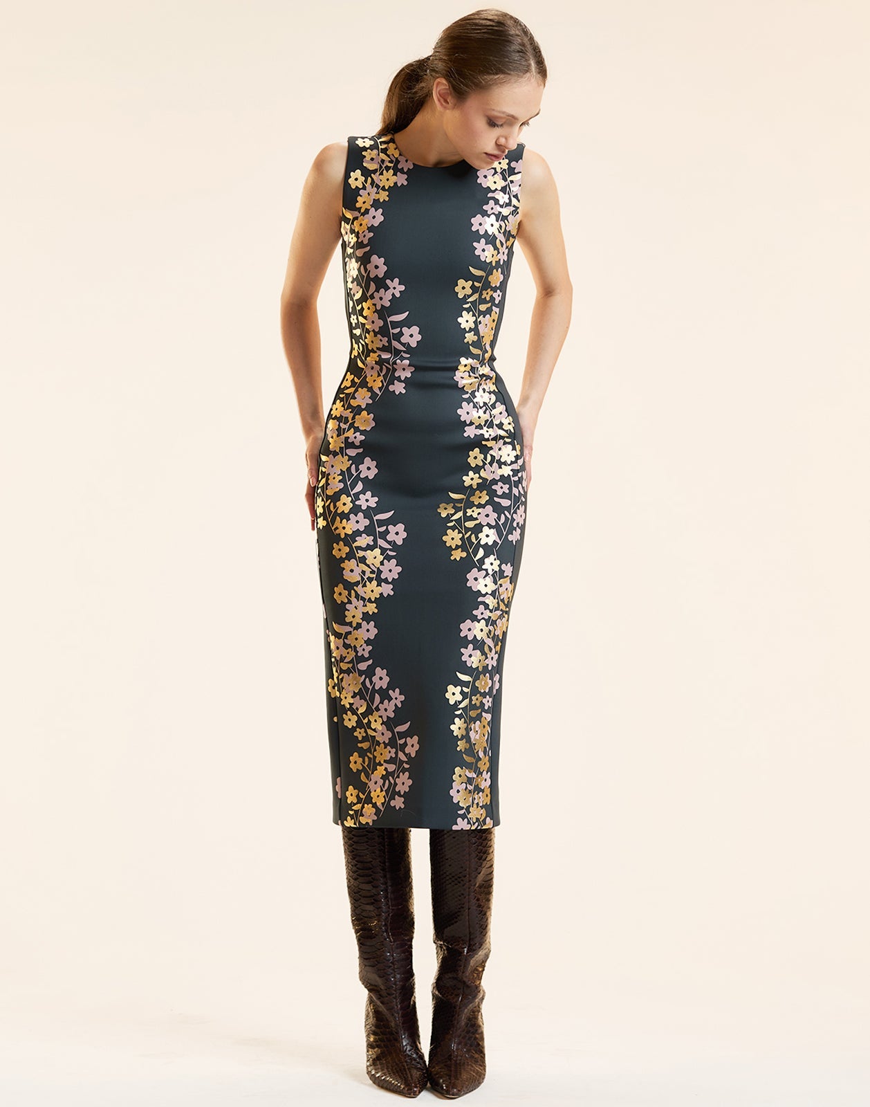 Cynthia Rowley Sleeveless Bonded Midi Dress - Black/Gold