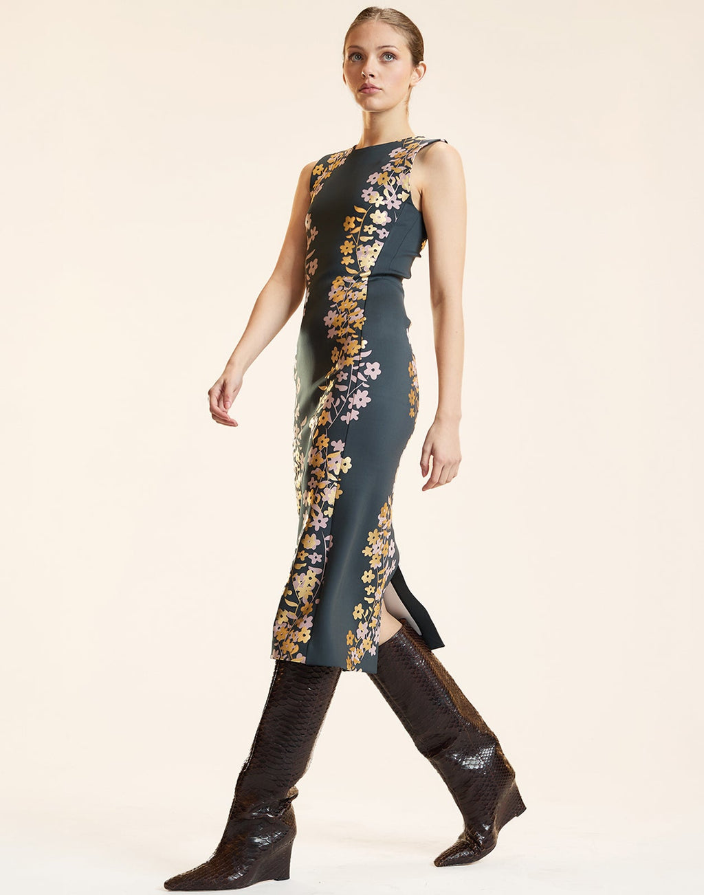 Cynthia Rowley Sleeveless Bonded Midi Dress - Black/Gold