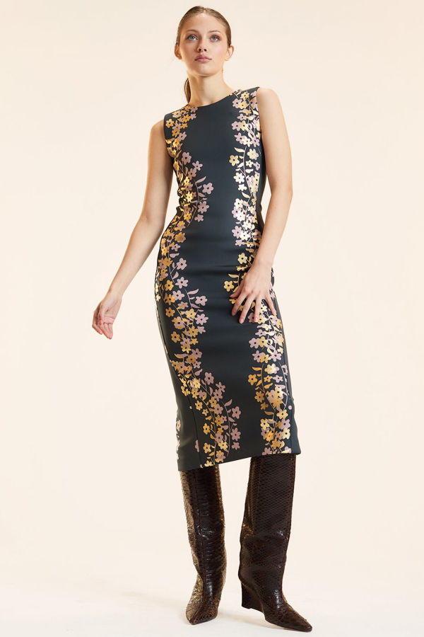 Cynthia Rowley Sleeveless Bonded Midi Dress - Black/Gold