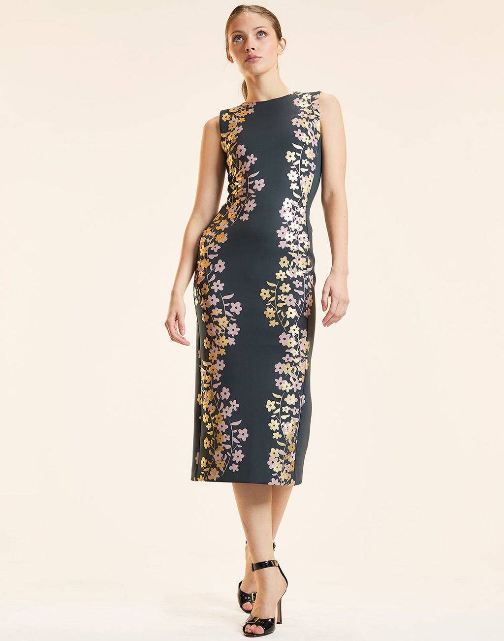 Cynthia Rowley Sleeveless Bonded Midi Dress - Black/Gold